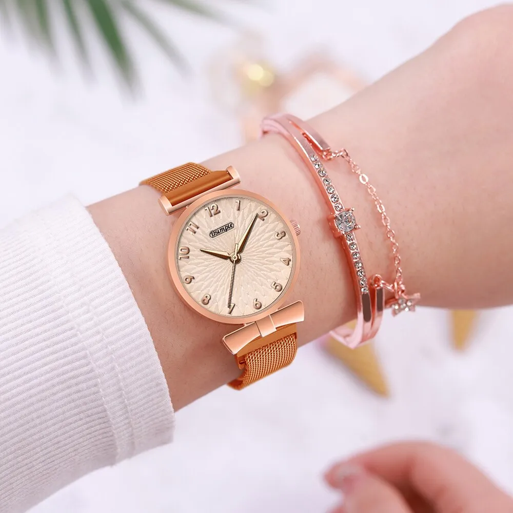 2pcs Set Fashion Women Bracelet Quartz Watches Women Magnetic Watch Ladies Sports Dress Rose Gold Wrist Watch