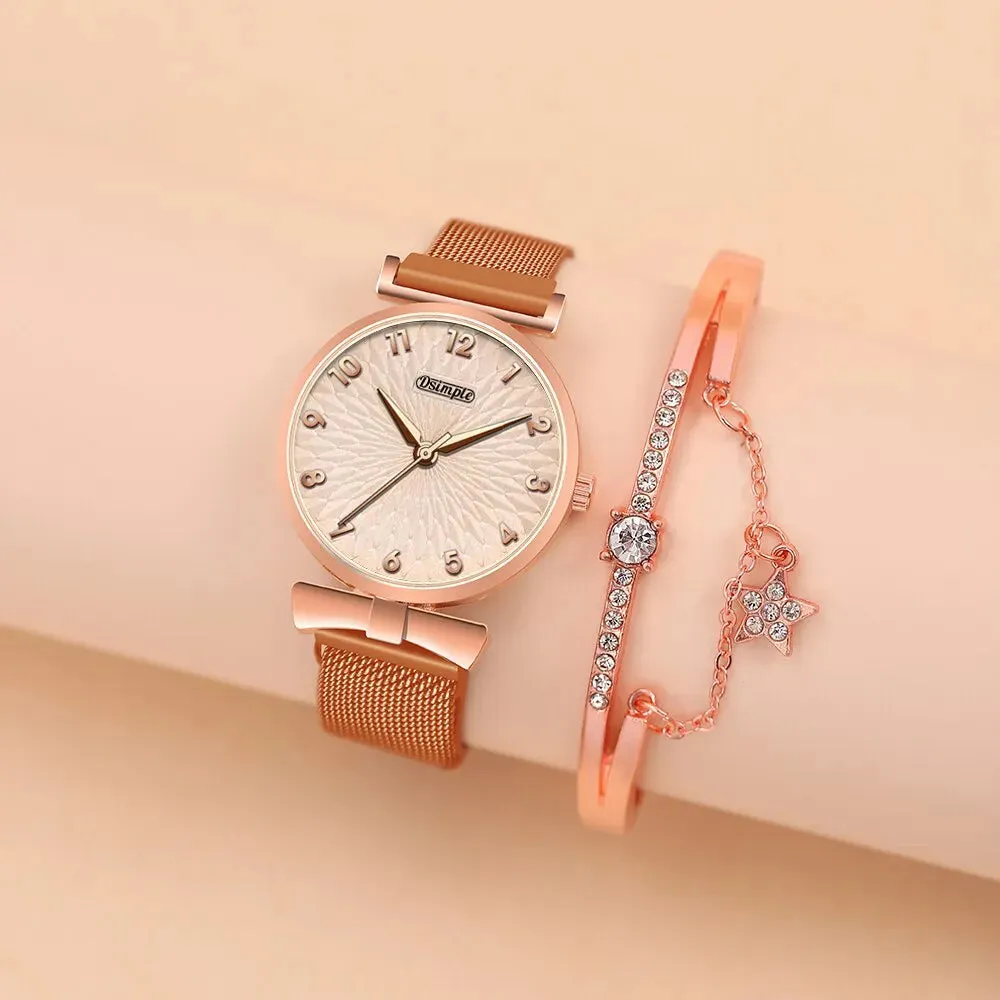 2pcs Set Fashion Women Bracelet Quartz Watches Women Magnetic Watch Ladies Sports Dress Rose Gold Wrist Watch