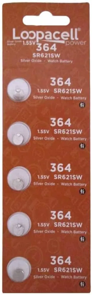 364 (SR621SW) 1.55V Silver Oxide Watch Battery (5 Batteries)