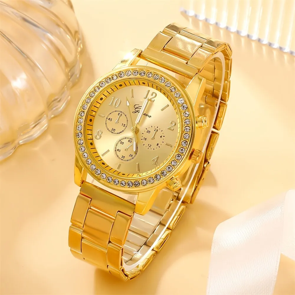 6pcs Set Watch Women Ring Necklace Earring Rhinestone Fashion Wristwatch Casual Ladies Watches Bracelet Set Clock