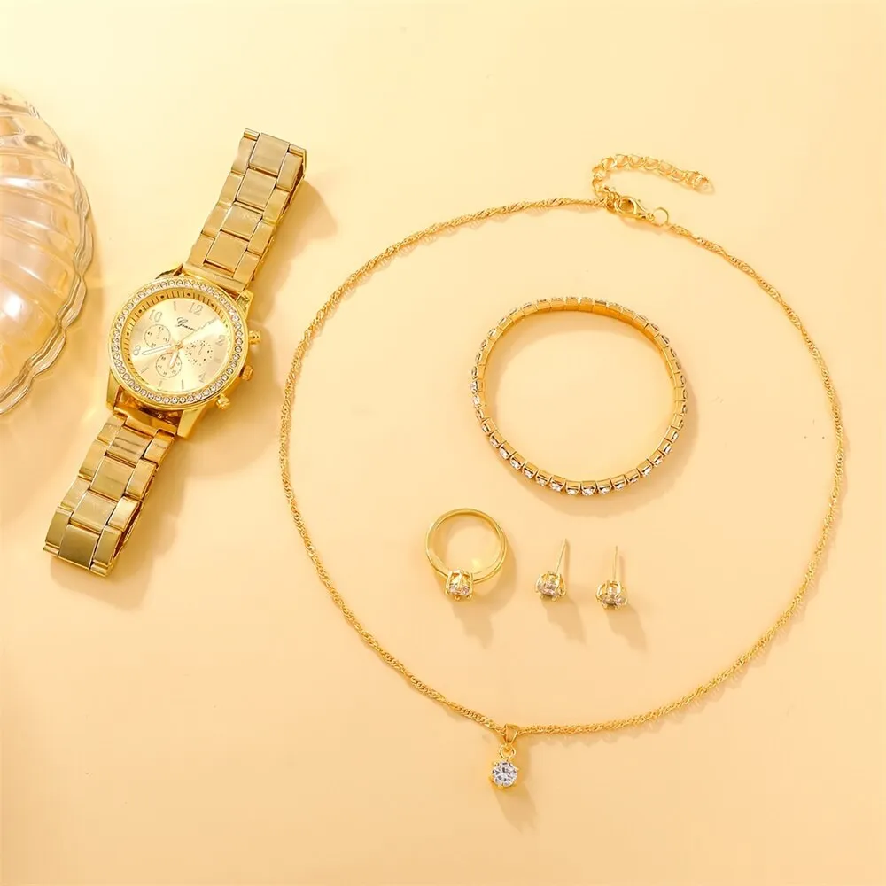 6pcs Set Watch Women Ring Necklace Earring Rhinestone Fashion Wristwatch Casual Ladies Watches Bracelet Set Clock