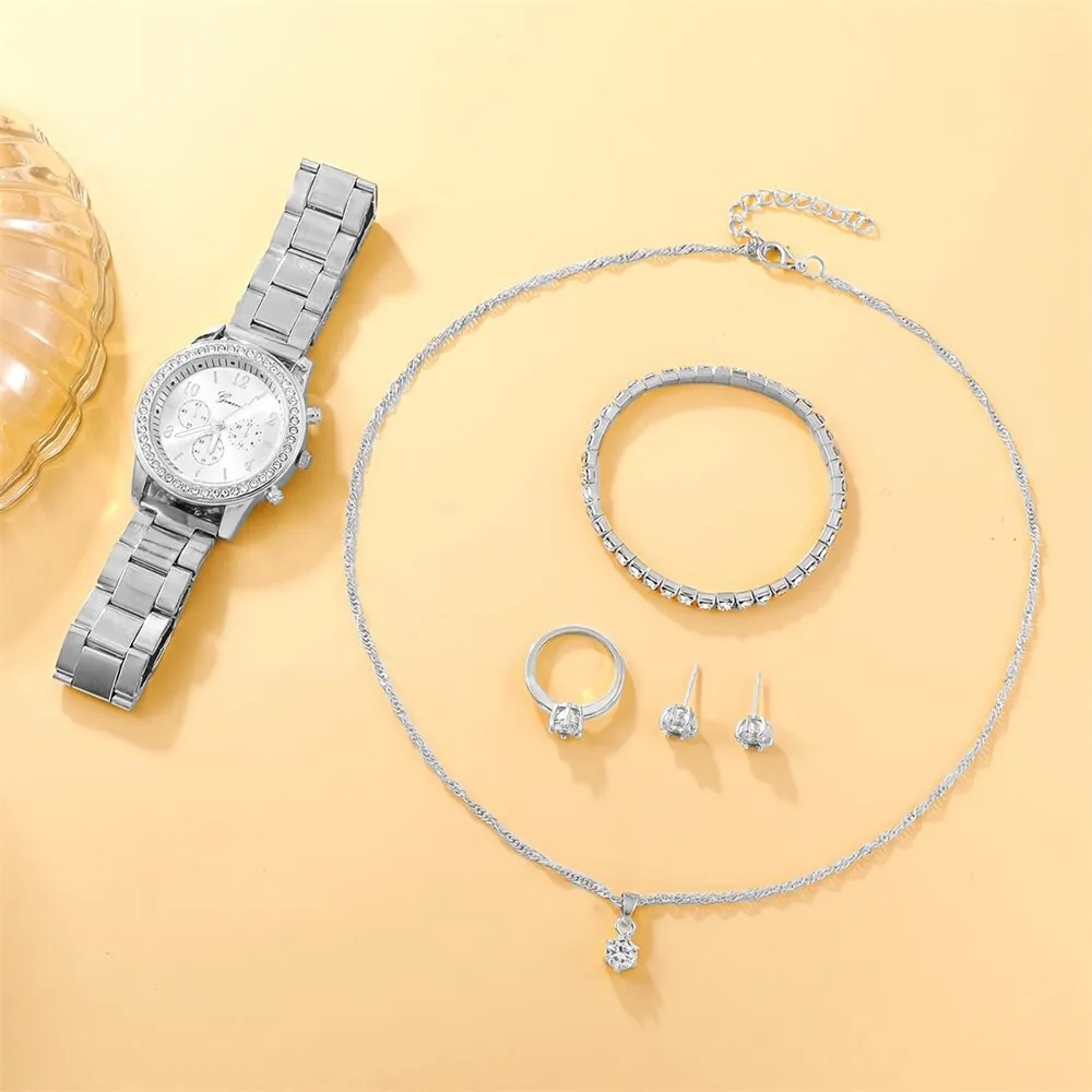 6pcs Set Watch Women Ring Necklace Earring Rhinestone Fashion Wristwatch Casual Ladies Watches Bracelet Set Clock