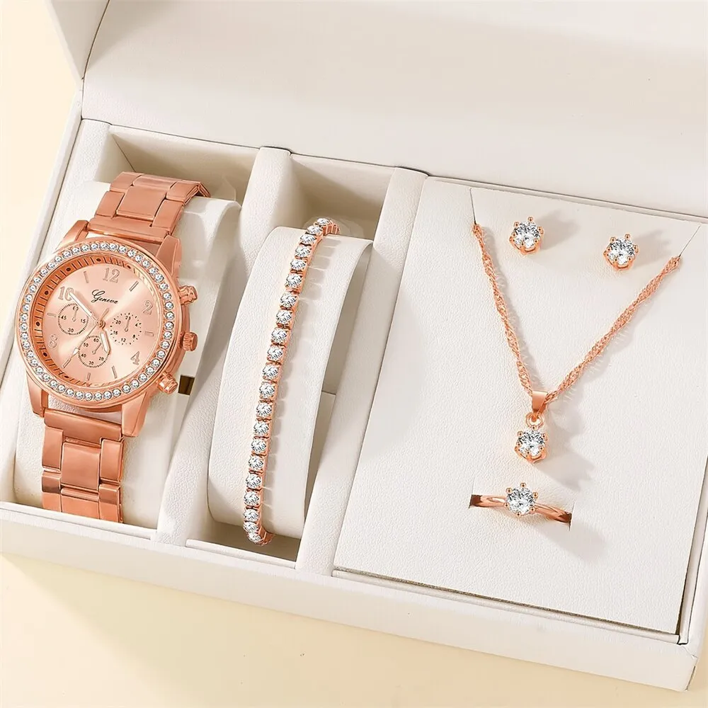 6pcs Set Watch Women Ring Necklace Earring Rhinestone Fashion Wristwatch Casual Ladies Watches Bracelet Set Clock