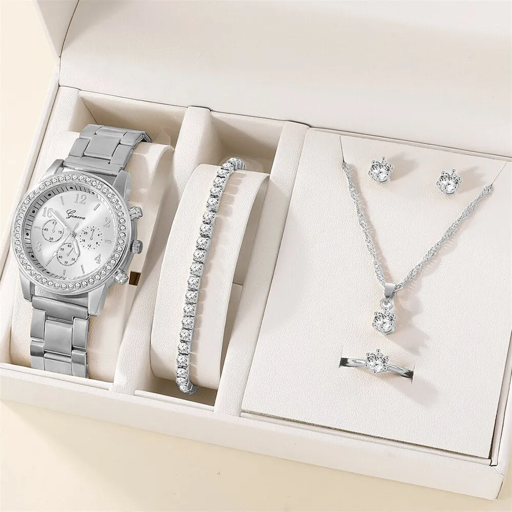 6pcs Set Watch Women Ring Necklace Earring Rhinestone Fashion Wristwatch Casual Ladies Watches Bracelet Set Clock