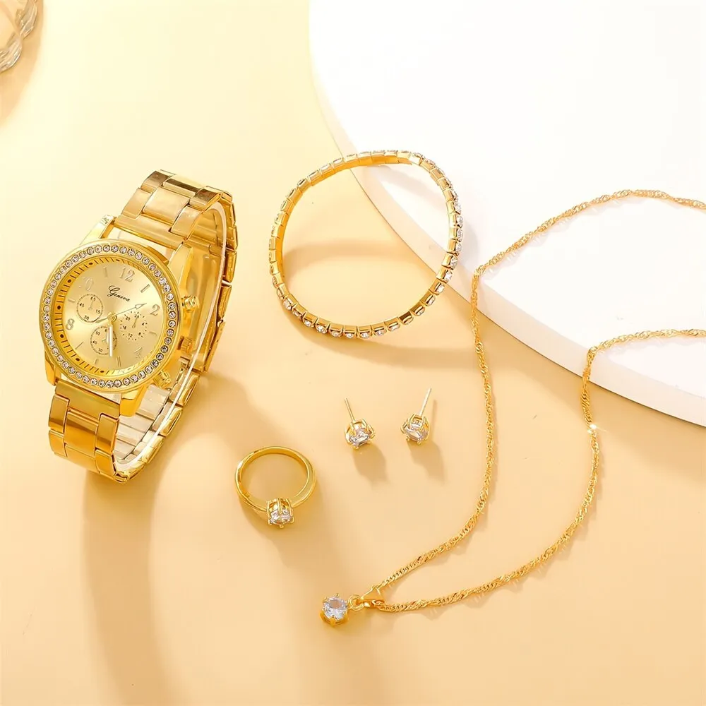 6pcs Set Watch Women Ring Necklace Earring Rhinestone Fashion Wristwatch Casual Ladies Watches Bracelet Set Clock