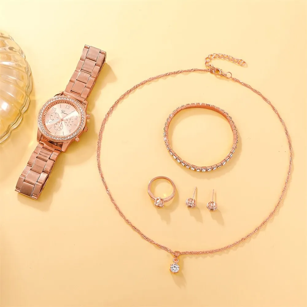 6pcs Set Watch Women Ring Necklace Earring Rhinestone Fashion Wristwatch Casual Ladies Watches Bracelet Set Clock