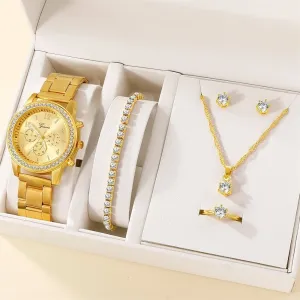 6pcs Set Watch Women Ring Necklace Earring Rhinestone Fashion Wristwatch Casual Ladies Watches Bracelet Set Clock