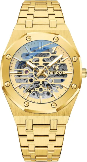 Automatic Watches for Mens Gold Skeleton Luxury Mechanical Classic Original Stainless Steel Waterproof Wrist Watches Black Silver Tone