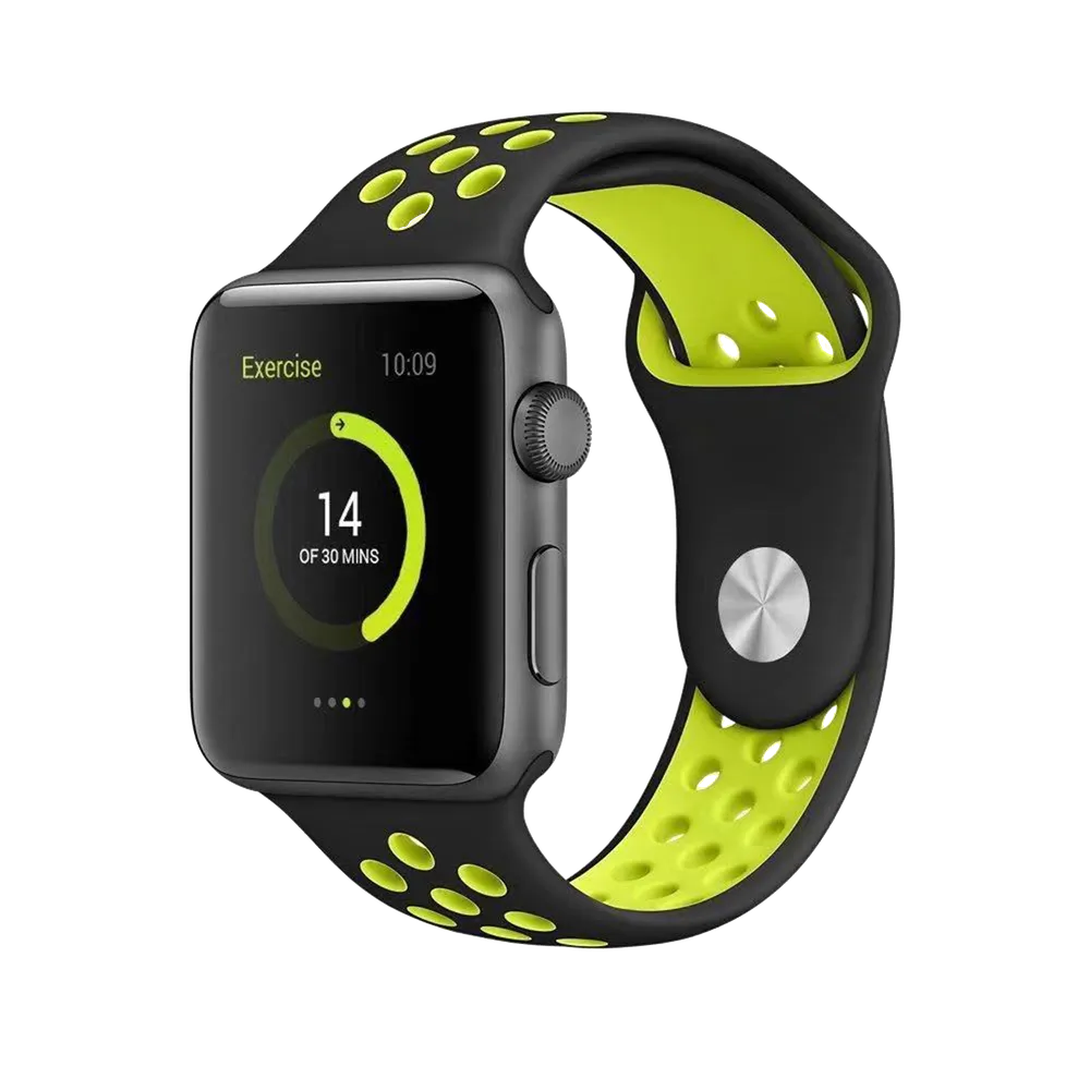 BEHELLO Premium Apple Watch Series 1-8 & SE 42/44mm Silicone Strap - Black/Yellow (Apple Watch sold separately)