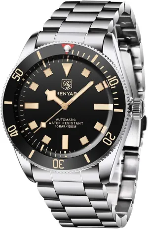 BENYAR Men's Automatic Watch, Stainless Steel Belt One-way Aluminum Bezel Fashion Casual Waterproof Mechanical Watch automatic