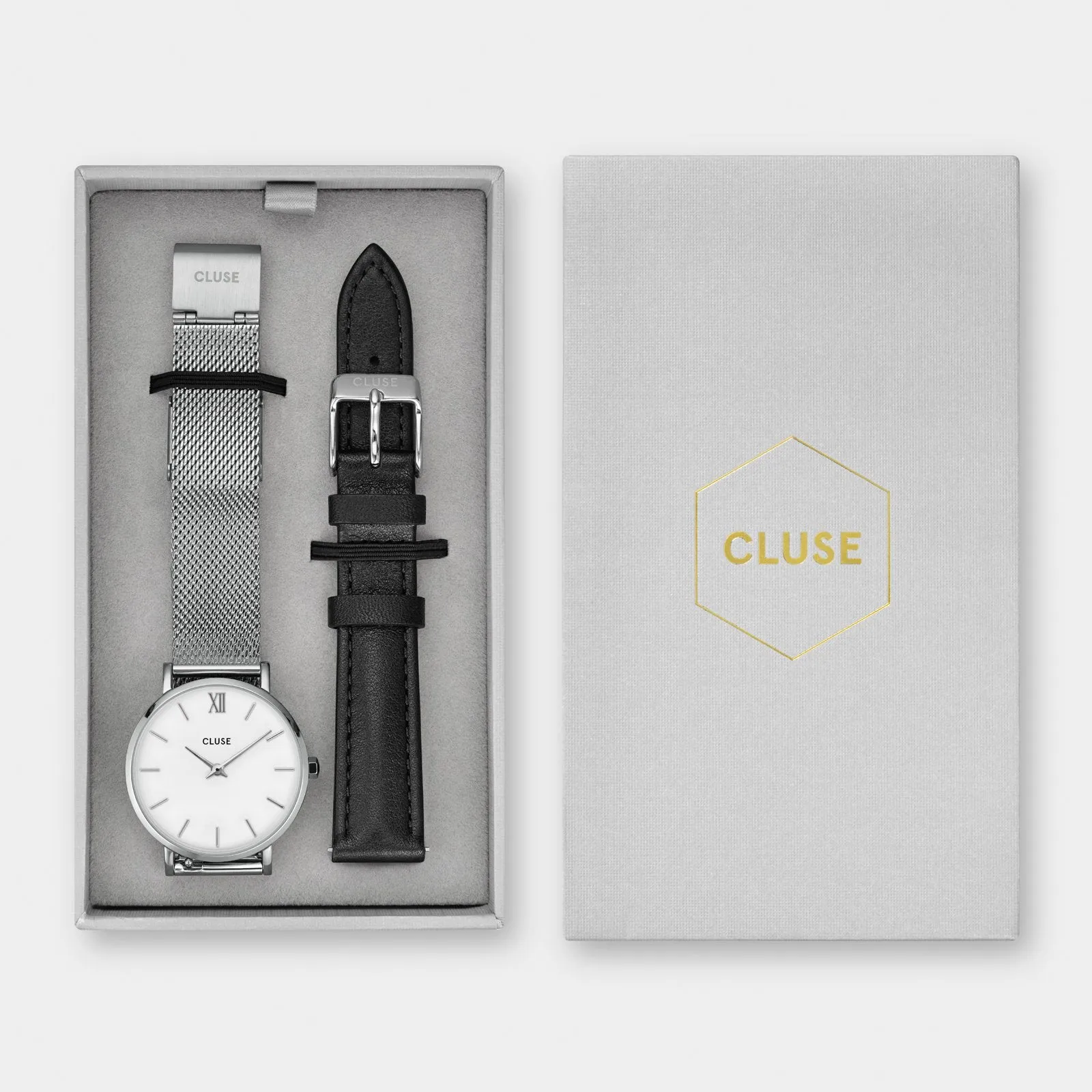 Gift Box Minuit Mesh & Leather Strap Silver Colour