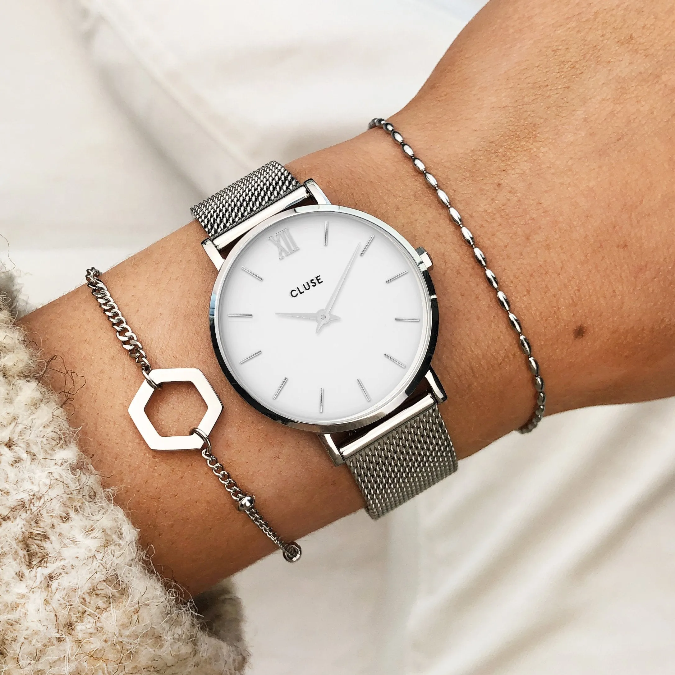 Gift Box Minuit Mesh & Leather Strap Silver Colour