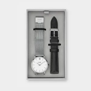 Gift Box Minuit Mesh & Leather Strap Silver Colour