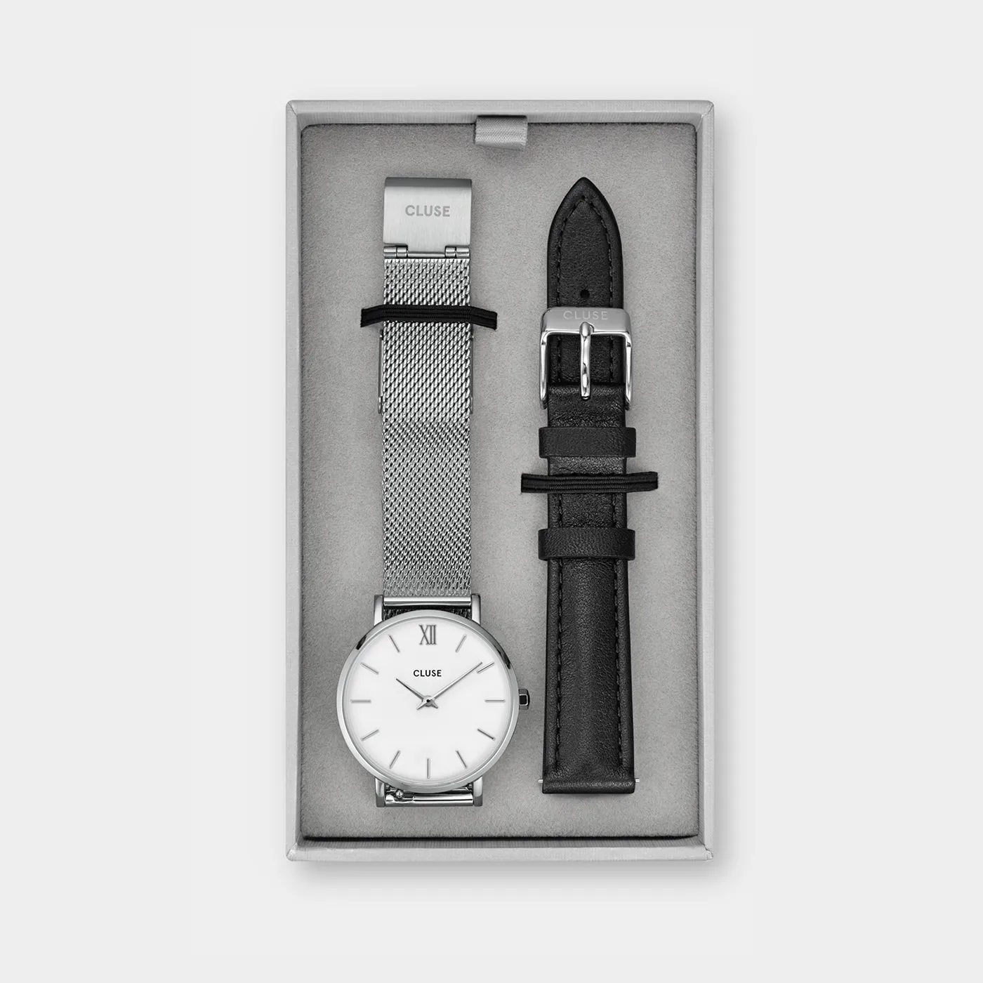 Gift Box Minuit Mesh & Leather Strap Silver Colour