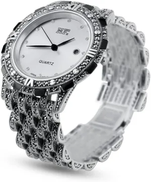 Men Thai 925 Sterling Silver Marcasite Luxury Wrist Watches (Silver 19CM)