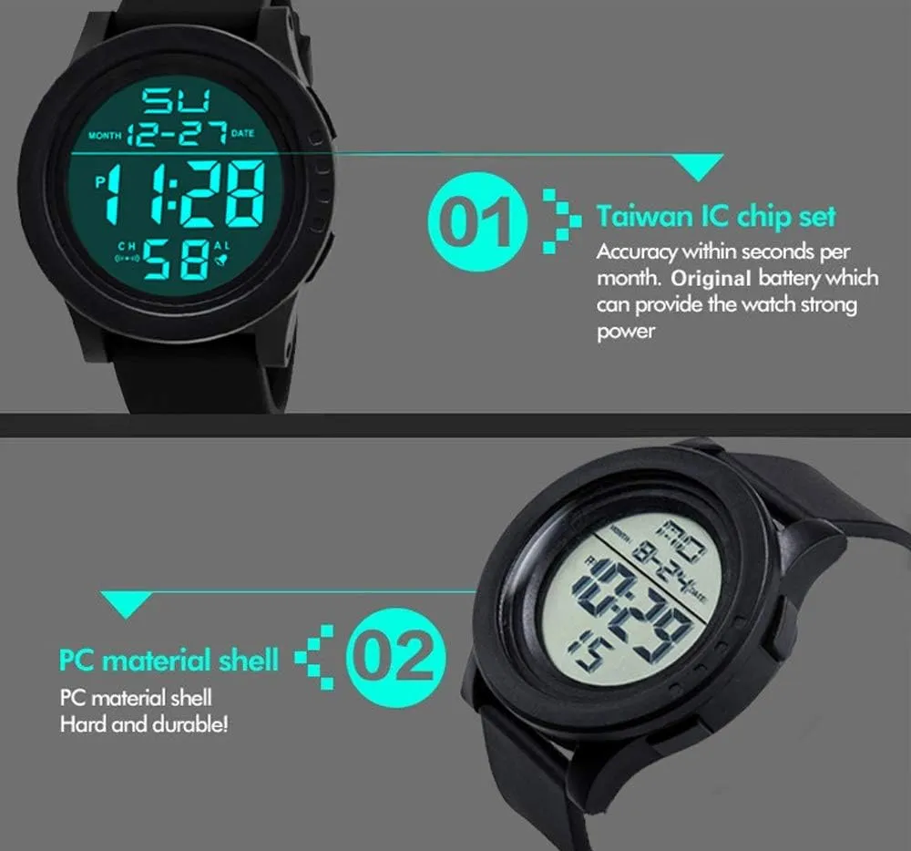 Men's Digital Sports Watch Waterproof Military Outdoor Wrist Watches for Men with LED Backlight Alarm Back Light