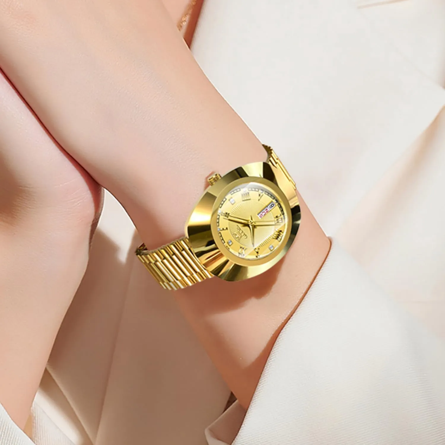 OLEVS Womens Watches Gold Diamond Tungsten Steel Luxury Dress Classic Ladies Calendar Week Wrist Watches for Women