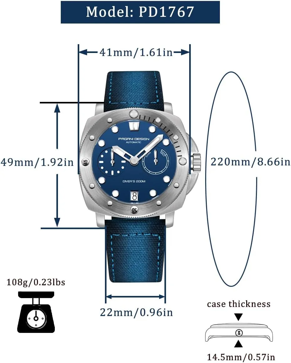 Pagani Design Watches for Men Automatic Mechanical Watch, 200M Waterproof Sapphire Glass Wristwatch, Mens Sports Casual Watch with Nylon Strap