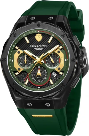Paras Crown Mens Watches Fashion Luxury 50M Waterproof Chronograph Wrist Watches for Men with Silicone Strap Stainless Steel Case