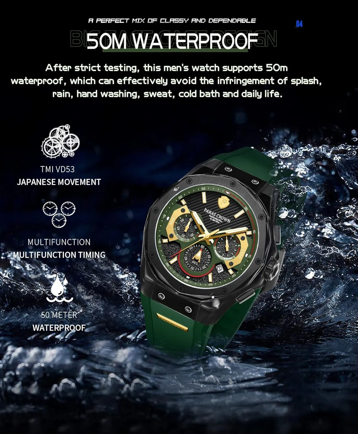 Paras Crown Mens Watches Fashion Luxury 50M Waterproof Chronograph Wrist Watches for Men with Silicone Strap Stainless Steel Case
