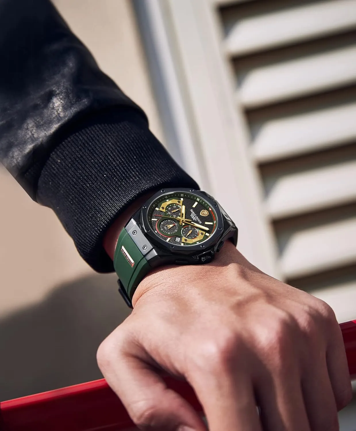 Paras Crown Mens Watches Fashion Luxury 50M Waterproof Chronograph Wrist Watches for Men with Silicone Strap Stainless Steel Case