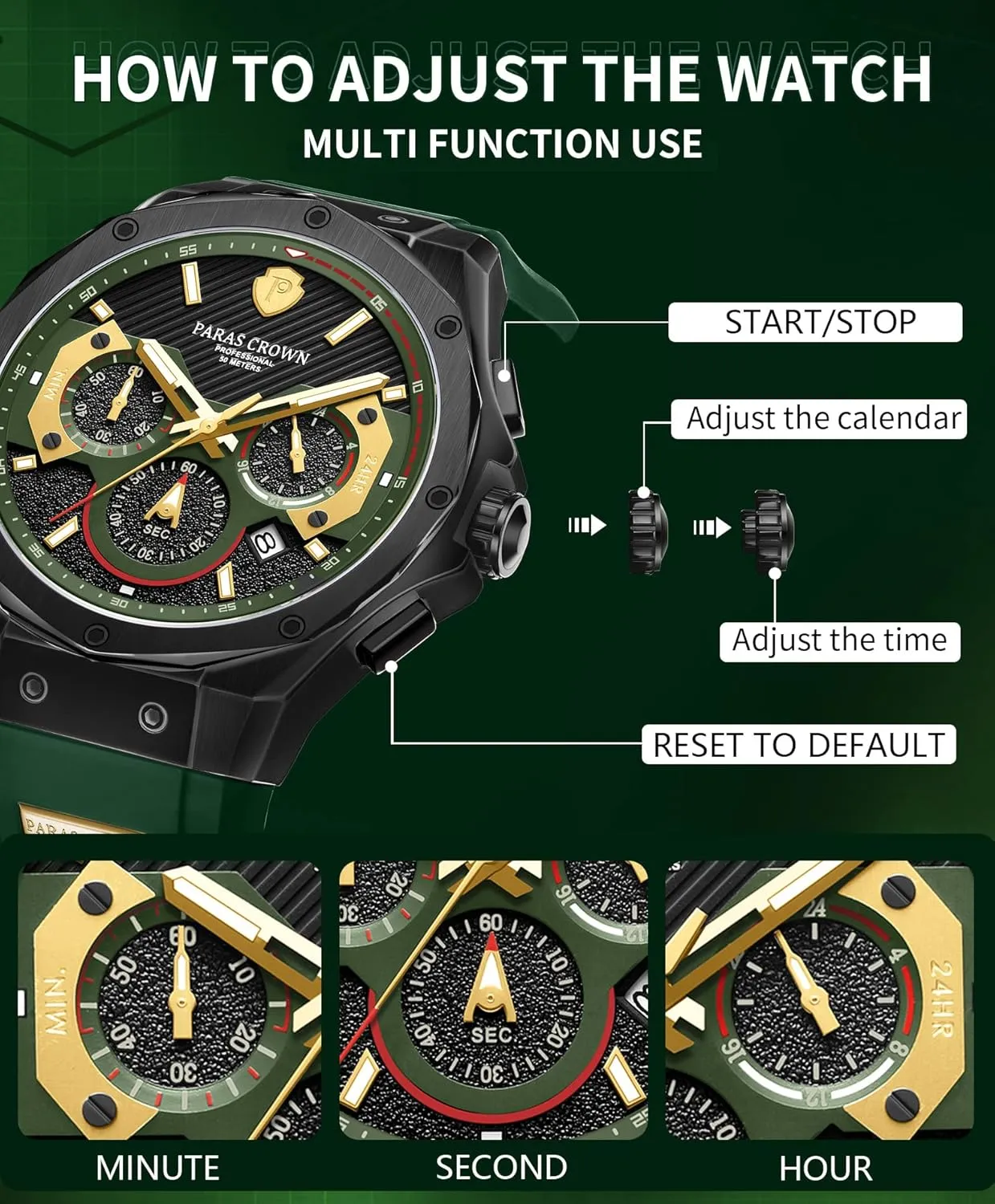 Paras Crown Mens Watches Fashion Luxury 50M Waterproof Chronograph Wrist Watches for Men with Silicone Strap Stainless Steel Case