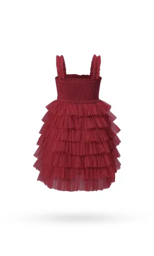 Red Tulle Solid Color Tiered Ruffle Dress