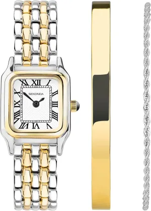 Sekonda Monica Gift Set Ladies 20mm Quartz Watch in White with Analogue Display, and Two Tone Alloy Strap 49039