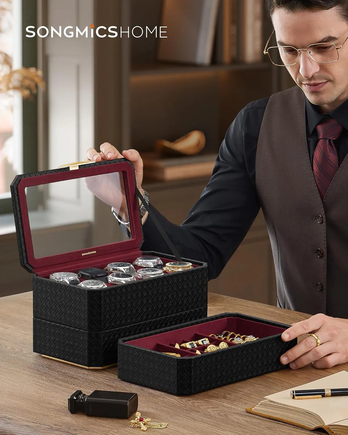 SONGMICS HOME RONNE Collection - 3-Tier Watch Box, Stackable 8-Slot Watch Case, Woven Embossed PU Leather, Floating Effect, Gift Idea, Ink Black Surface, Wine Red Lining UJWB021R01